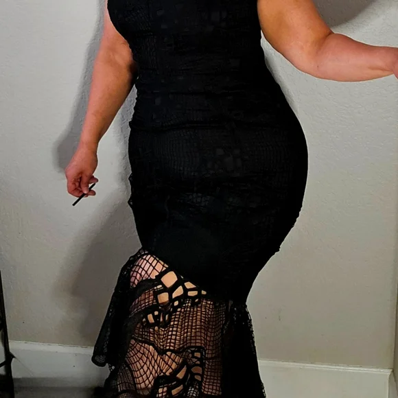 fitted mini prom dresses Black Embroidered Lace Yoke Fit & Flare Dress